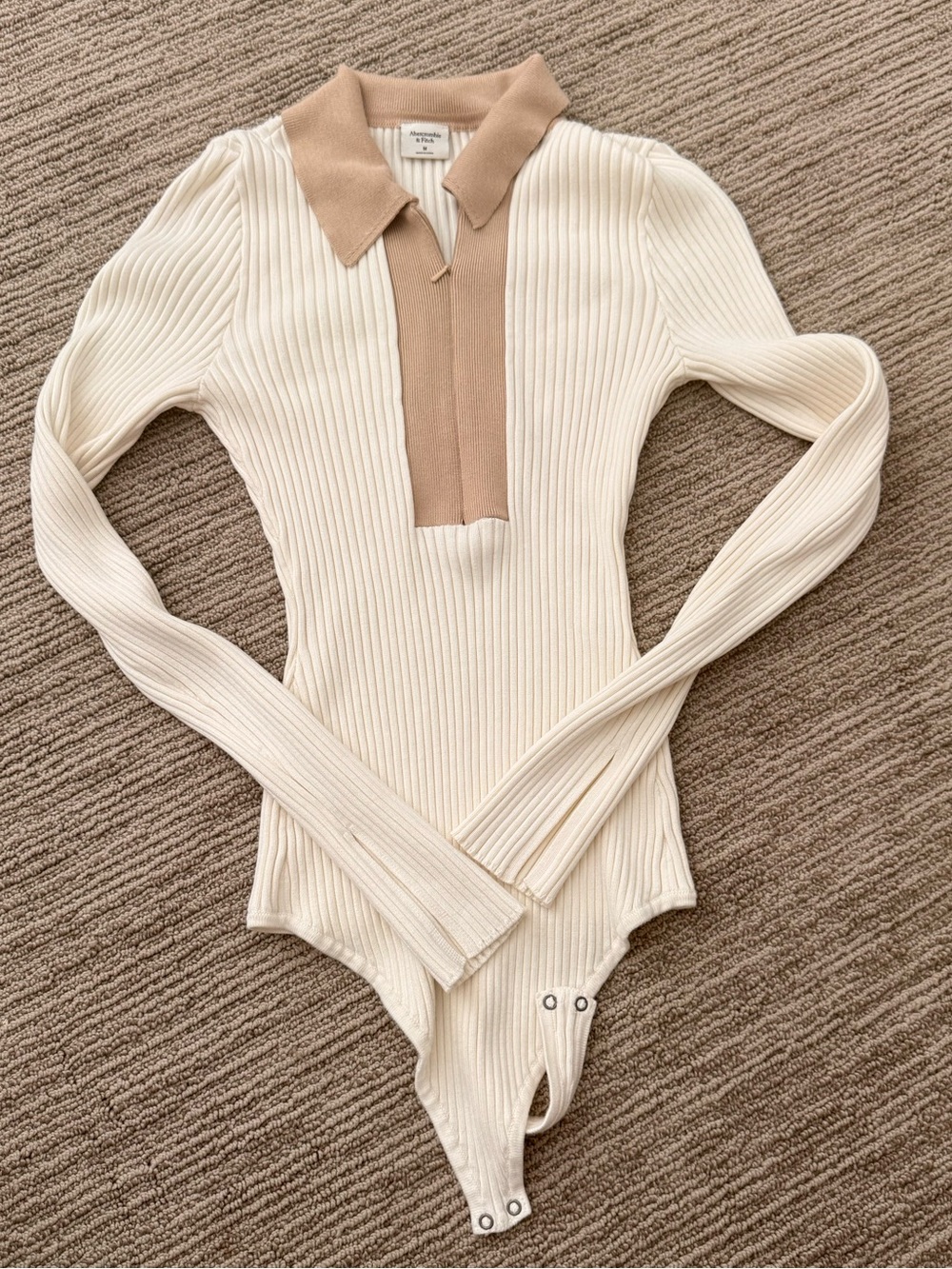 Abercrombie & Fitch Cream Ribbed Polo Bodysuit with Tan Collar